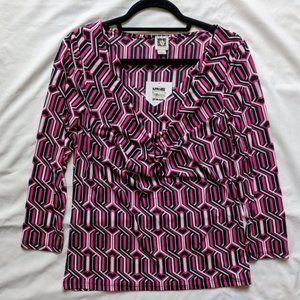 Anne Klein 70s Geometric Drape Neck Hibiscus Top S